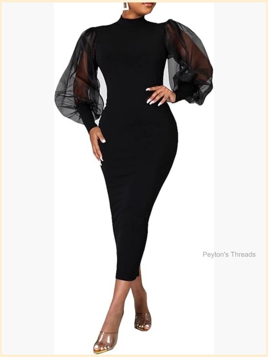 Dresses & Skirts - Sheer Mesh Bodycon Midi Dress with Puff Lantern Sleeves